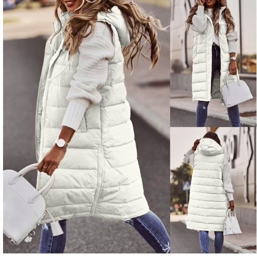 Women’s Hooded Sleeveless Puffer Vest Coat – Mid-Length Cotton-Filled Outerwear Jacket with Zipper, Casual Streetwear Layered Look, Trendy Winter Fashion by Mighty LifNunu Casual Solid Color Hooded Slim Fit Style Sleeveless Cardigan Mid length Cotton Coat