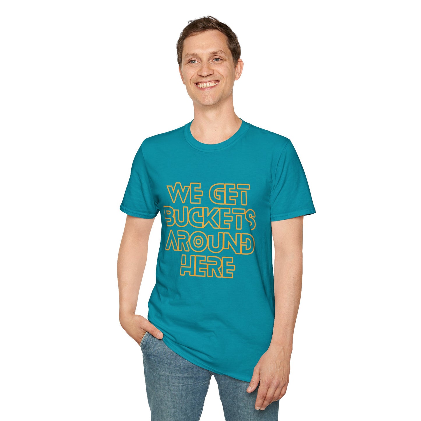We Get Buckets Around Here | Get Buckets | Basketball Shirt | Unisex Basketball Shirt | Sports Shirt | Baller Shirt | Mighty Lifestyle | Softstyle T-Shirt