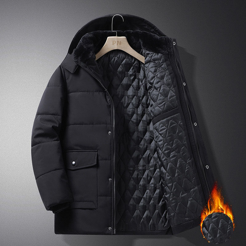 Curry Coat Men’s Winter Velvet-Lined Coat – Thick Warm Hooded Jacket with Cotton Filling, Windproof Mid-Lengmen's winter new style with added velvet and thickened warm cotton clothing, business and leisure mid length hooded plus size men's cotton clothing