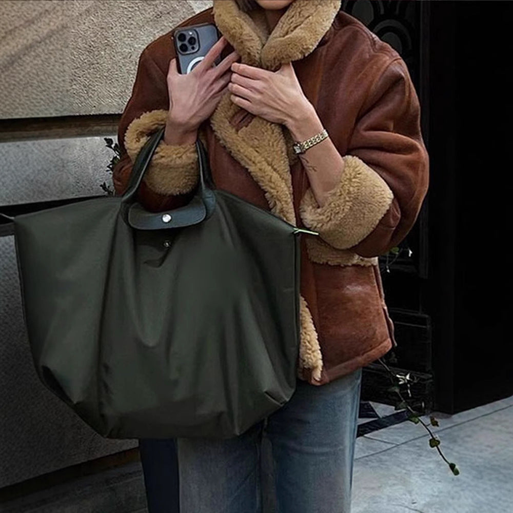 Women’s Shearling Fur Collar Jacket – Brown Faux Lamb Wool Coat for Fall & Winter, Loose Fit Button-Up Streetwear Outerwear | European and American collar long sleeved fur one-piece jacket, autumn and winter lamb wool loose and warm comfortable m jacket