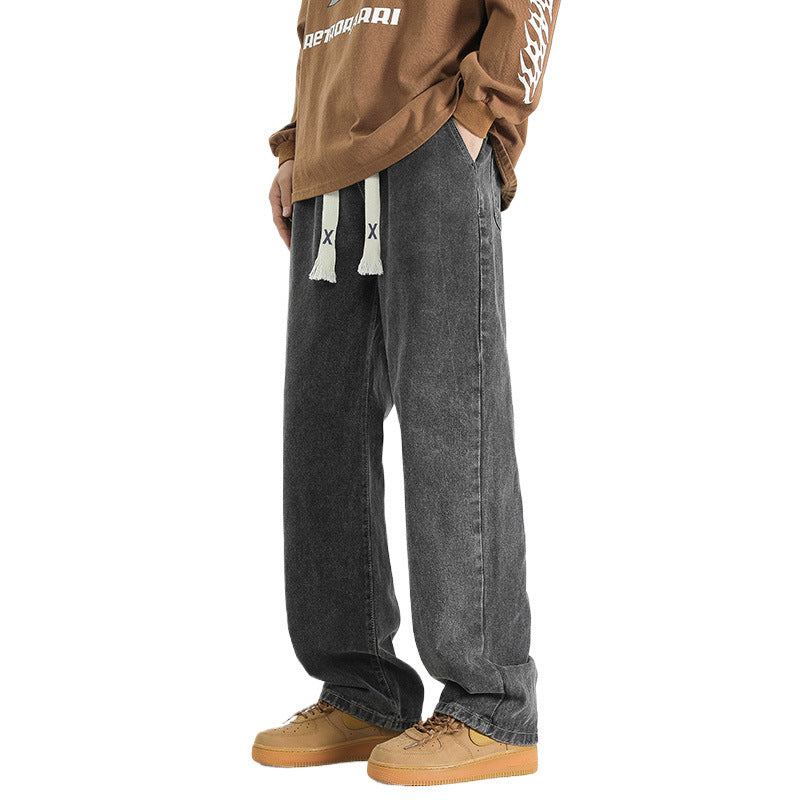 Sway Jeans Straight Leg Loose Fit Jeans for Men & Teens – Trendy Japanese Streetwear Cotton Denim Pants Trendy Straight Leg Jeans Loose Long Trousers Adult Male or Teenagers Rope Drawstring Jeans