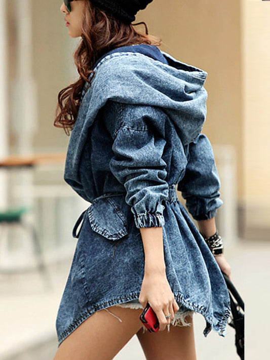 Oversized Denim Hoodie Jacket for Women – Streetwear Jean Trench Coat with Hood, Long Sleeve Casual Outerwear Windbreaker – Trendy Blue Fall Fashion Layer by Denim Jackets Oversized Hoodie Hooded Outerwear Jean Wind Jacket Fashion Design Denim Women Coat