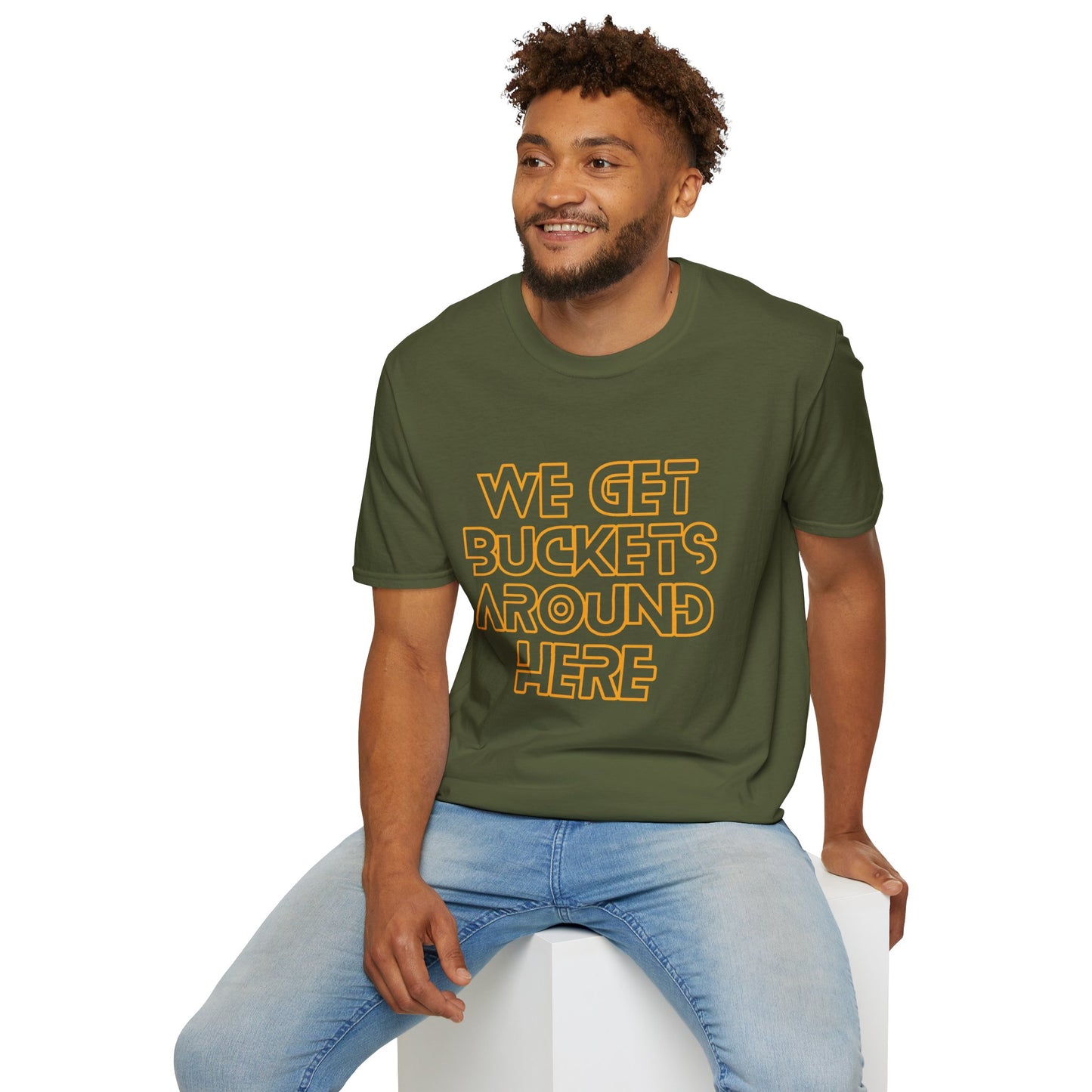 We Get Buckets Around Here | Get Buckets | Basketball Shirt | Unisex Basketball Shirt | Sports Shirt | Baller Shirt | Mighty Lifestyle | Softstyle T-Shirt