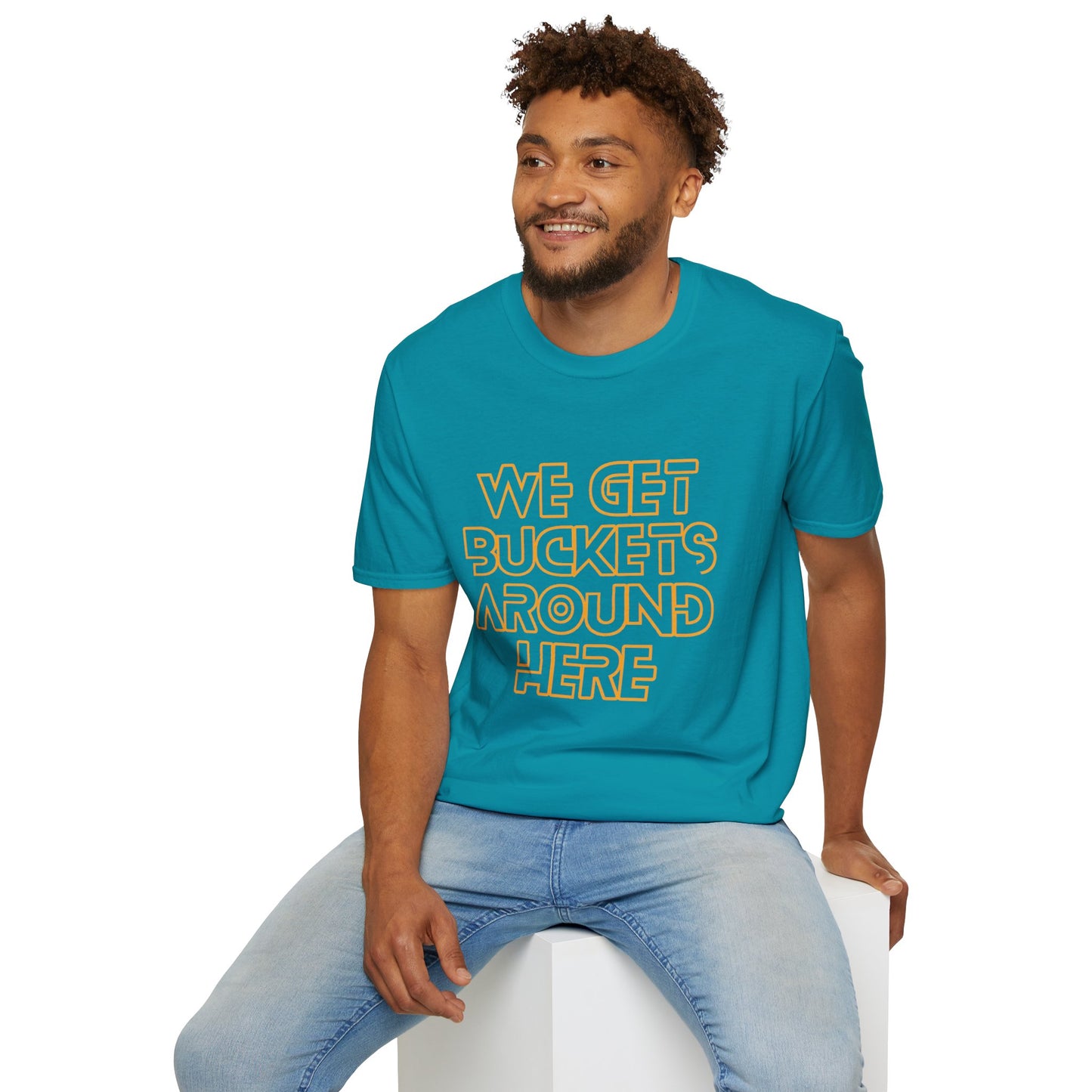 We Get Buckets Around Here | Get Buckets | Basketball Shirt | Unisex Basketball Shirt | Sports Shirt | Baller Shirt | Mighty Lifestyle | Softstyle T-Shirt