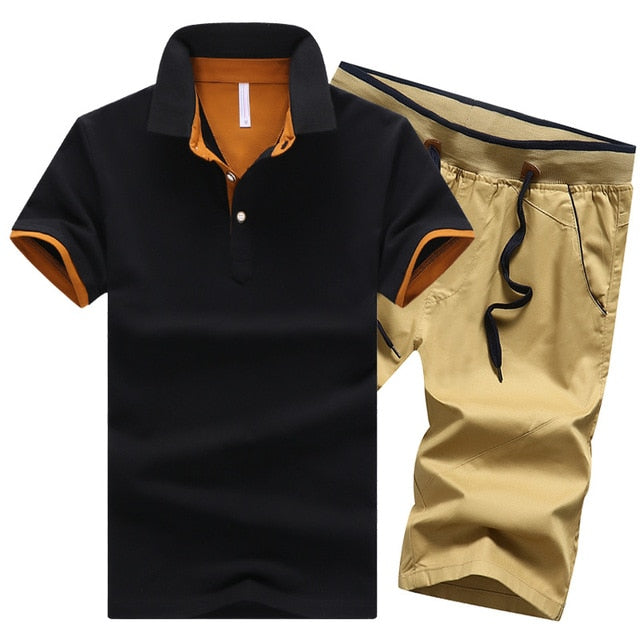 Mikael Men’s 2-Piece Cotton Polo Short Set – Casual Summer Outfit, Button-Up Shirt & Elastic Waist Shorts, Breathable Fashion Set for MenCotton Mens Sets Summer Button Polo Shirts Sets Turn Down Mens Shorts 4XL Men Clothes 2 Piece Set Elastic Waist Shorts