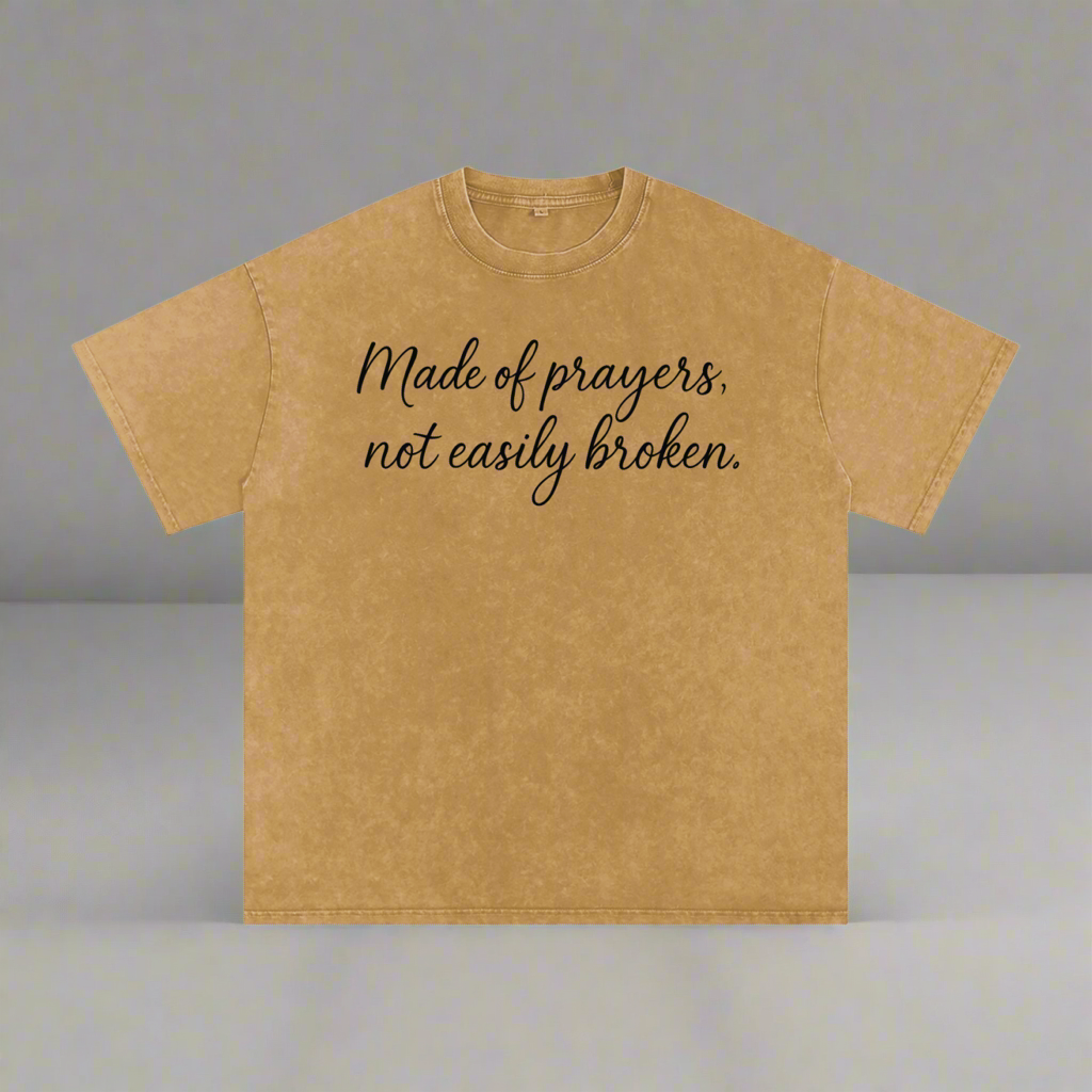 “Made of Prayers, Not Easily Broken” Acid Wash Oversized T-Shirt – Unisex Loose Fit Christian Streetwear Apparel by Mighty Lifestyle