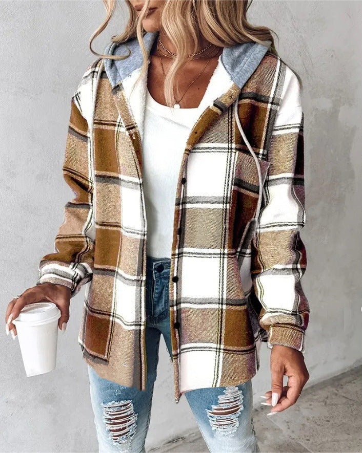 Wilhelmina Women’s Plaid Cropped Jacket with Hood – Autumn and Winter Button-Up Loose Fit Imitation Wool Coat, Streetwear Casual Outerwear | Women's large plaid style women's jacket plaid autumn and winter new style | Country Women’s Shirt