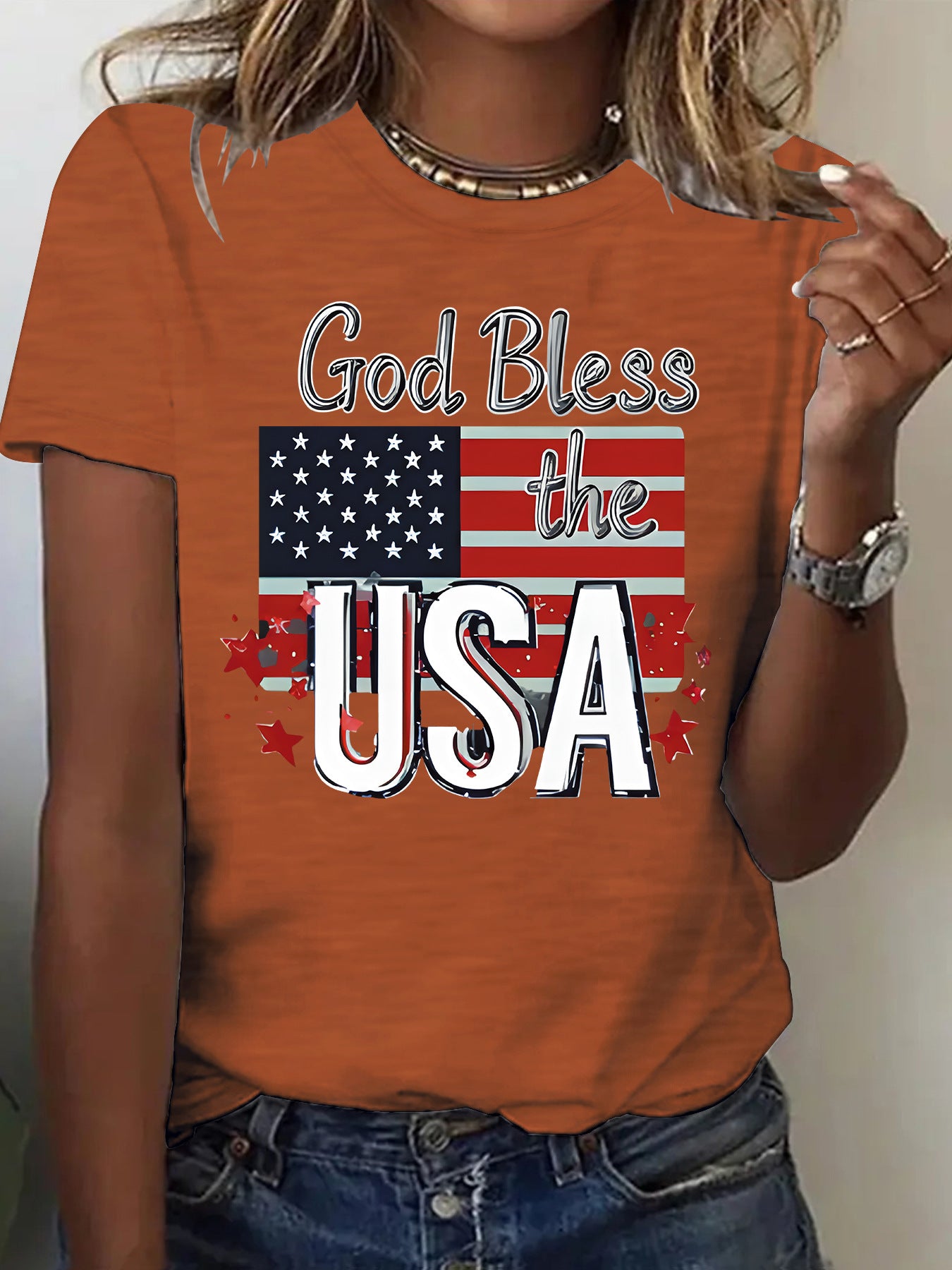 Short sleeved women's t-shirt with USA flag