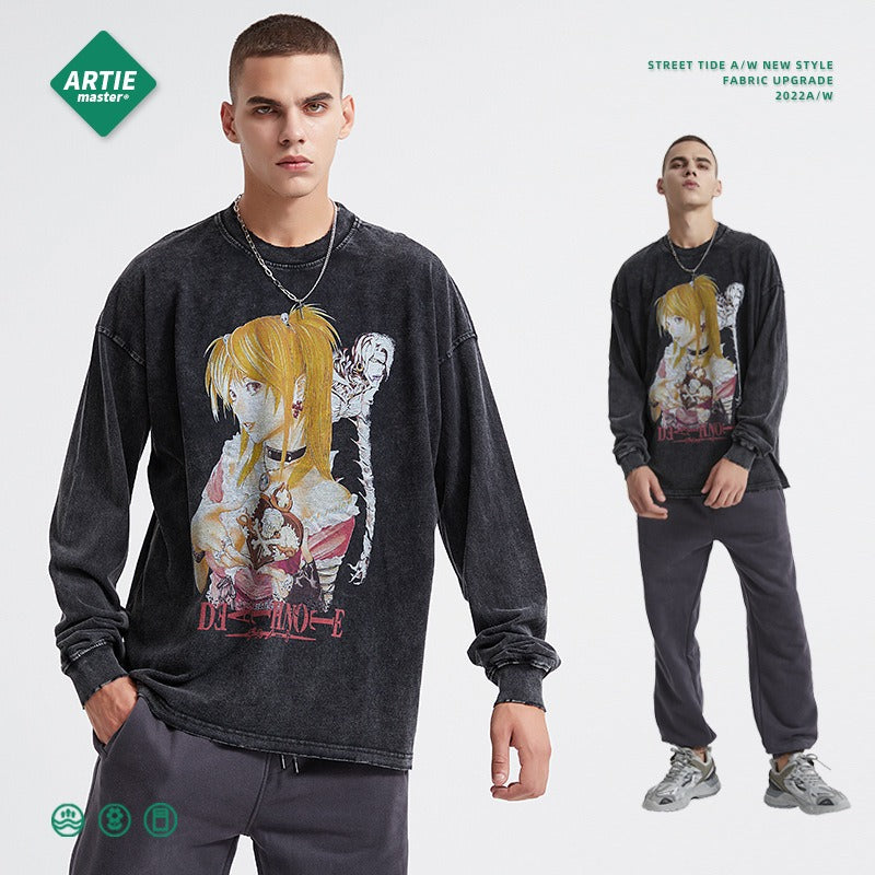 Death Note Digital Printed Long sleeved Retro Trendy Brand Dark Wash Wax Dyed Old T-shirt Anime