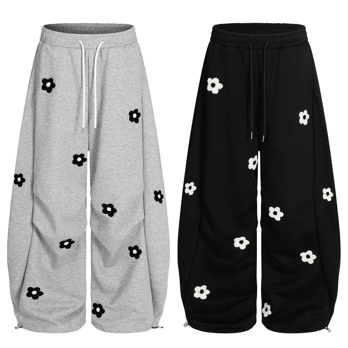 Viral Flower Embroidery Oversized Sweatpants for Men & Women – TikTok Streetwear Trend | Cozy Aesthetic Wide-Leg Joggers in Gray or Black