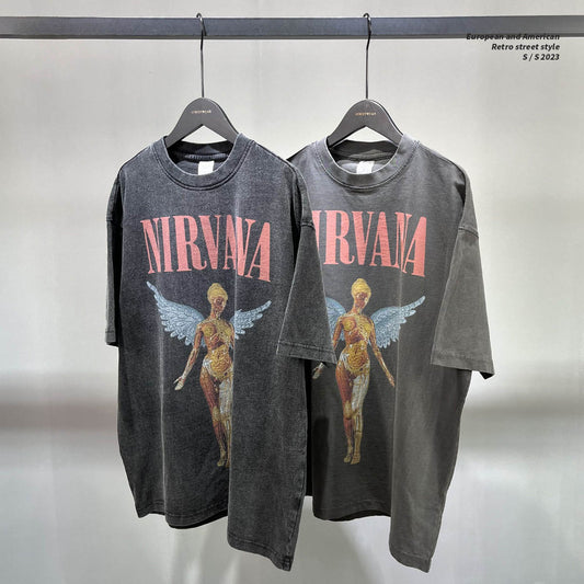 Nirvana Angel | Mens and Womens Wear New Washing Water, Old Rock Band Printing, Vintage Short Sleeve, European High Street Fashion Brand Tee