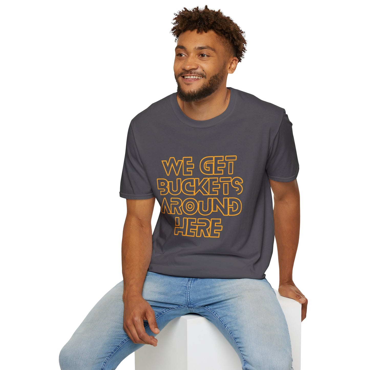 We Get Buckets Around Here | Get Buckets | Basketball Shirt | Unisex Basketball Shirt | Sports Shirt | Baller Shirt | Mighty Lifestyle | Softstyle T-Shirt
