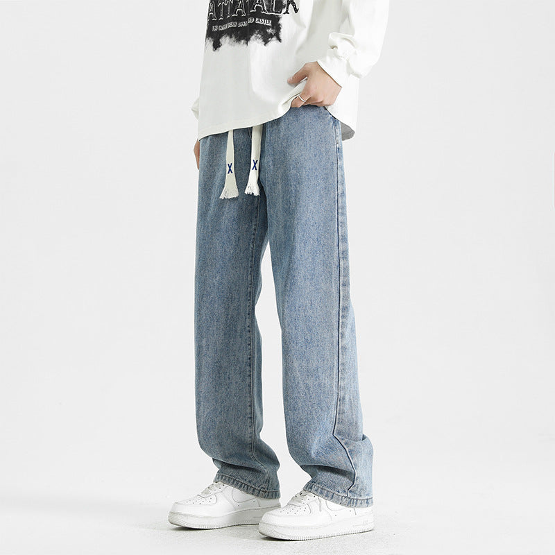 Sway Jeans Straight Leg Loose Fit Jeans for Men & Teens – Trendy Japanese Streetwear Cotton Denim Pants Trendy Straight Leg Jeans Loose Long Trousers Adult Male or Teenagers Rope Drawstring Jeans