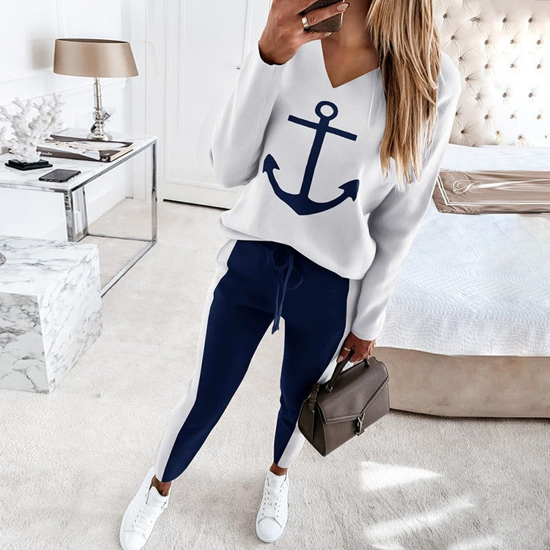 Mighty Lifestyle Women’s Boat Anchor Print Pant Set | Fashionable Casual Sailor-Inspired Outfit