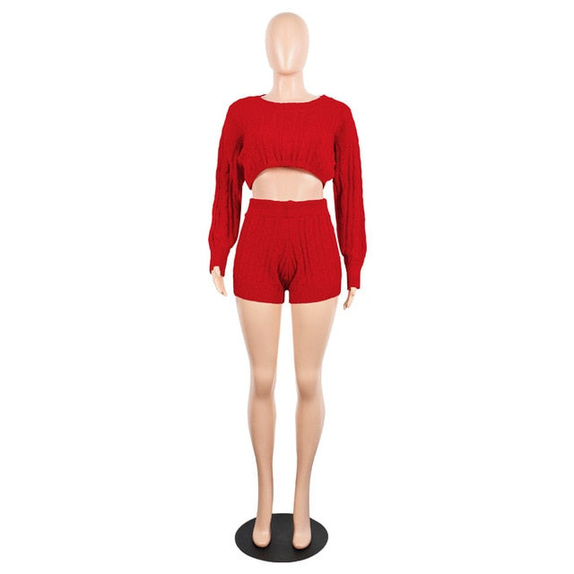 The Kerry | 2 Two Piece Set Women Clothes Autumn Winter Outfits Long Sleeve Knit Sweater Tops+Bodycon Shorts Suit Sexy Matching Sets
