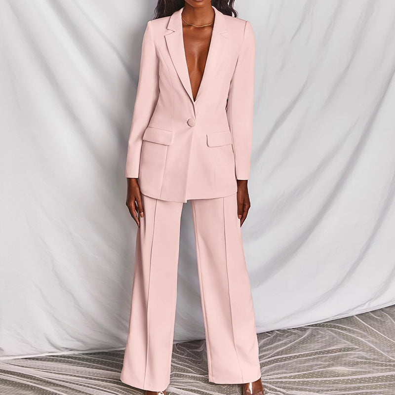 Jessamyn Suit | Solid Color Retro Long Sleeved Pants Suit Small Suit Temperament Commuter V-Neck Suit