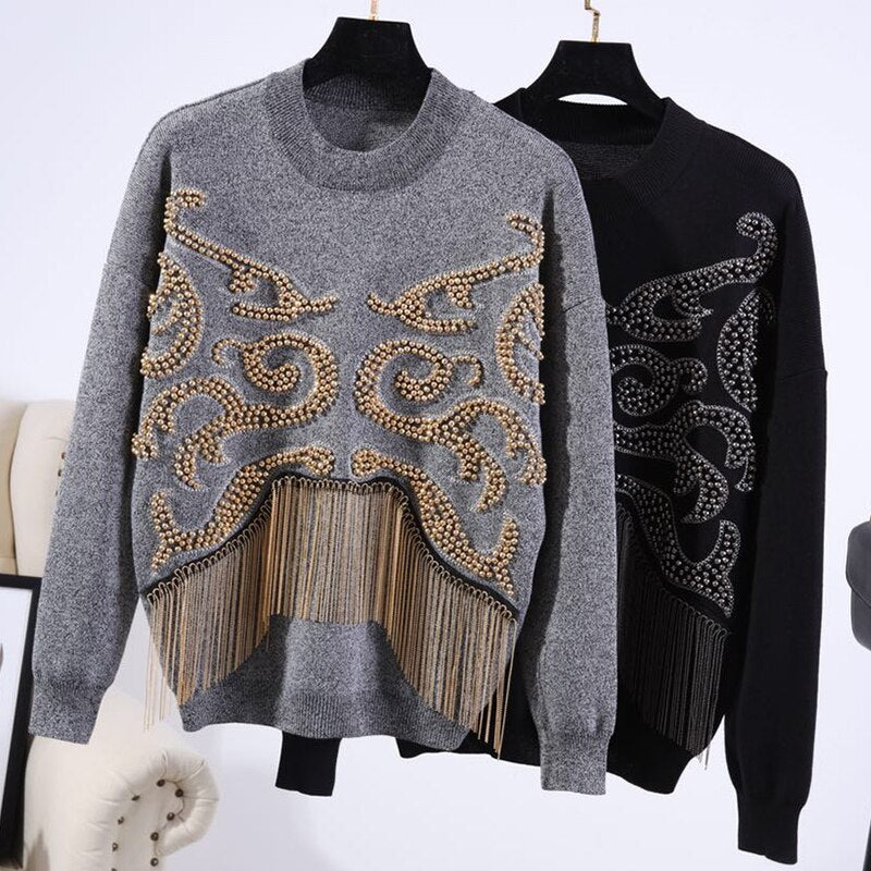 ML Knitting Outfits Women Handwork Beading Chain Tassel Sweater Long Pants Two Piece Set Female Loose Casual Black Knitted Suit 2pc