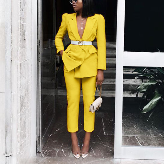 Pastel Women’s Business Suits Beauty Long Sleeved Suit Solid Color Two Piece Suit With Belt