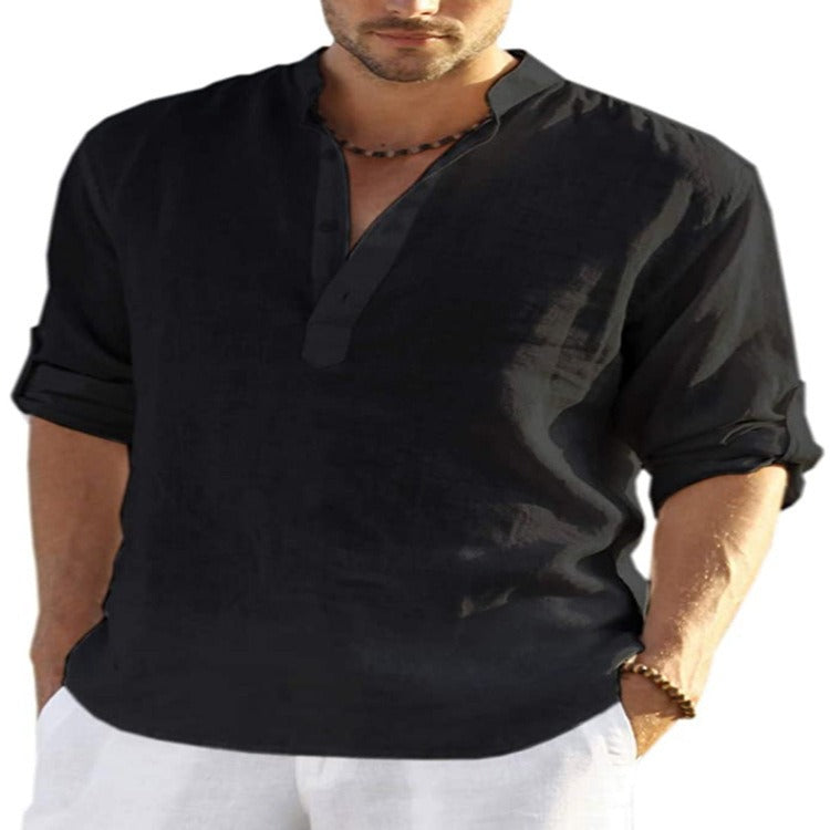 Omega Men Top Linen Shirt | Long Sleeved T Shirt Loose Sweatshirt Solid Color Long Sleeved Cotton Linen Shirt Mens Large