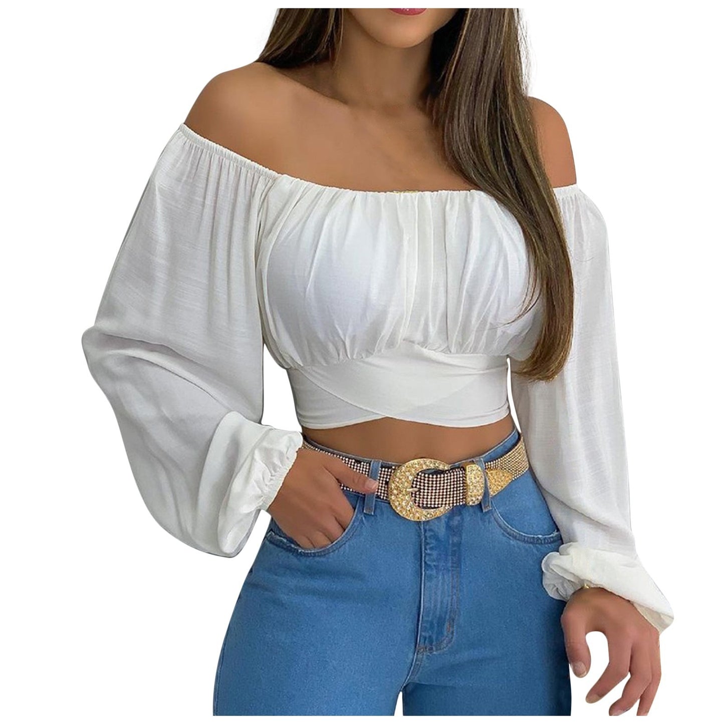 Hillary Heaux Top — Sexy Off-Shoulder Cross Tie Long Sleeve Top for Women | Hot Selling Vacation and Cruise Pullover Blouse | Lantern Sleeve Slim Fit | Europe, America & Caribbean Style