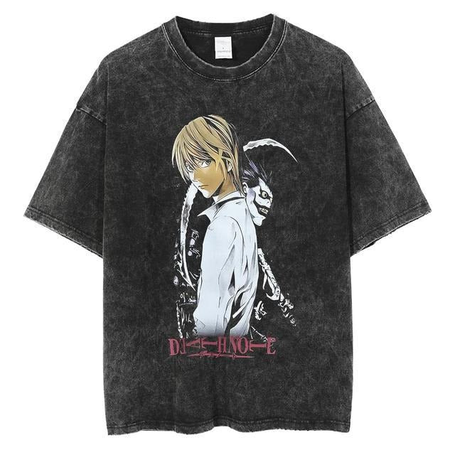 Mighty Lifestyle Washed Anime Death Note retro men's short-sleeved t-shirt summer anime peripheral printed loose t-shirt for men - Blerd Shirt Nerd Shirt