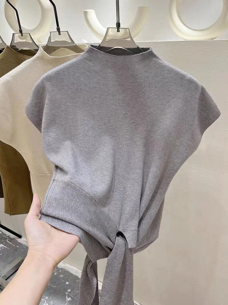 Neutrals Women T Shirt Stand Collar Sleeveless Knitted Tshirt Fashion Solid Bottoming Tee Shirt For Women Female Top Tshirts