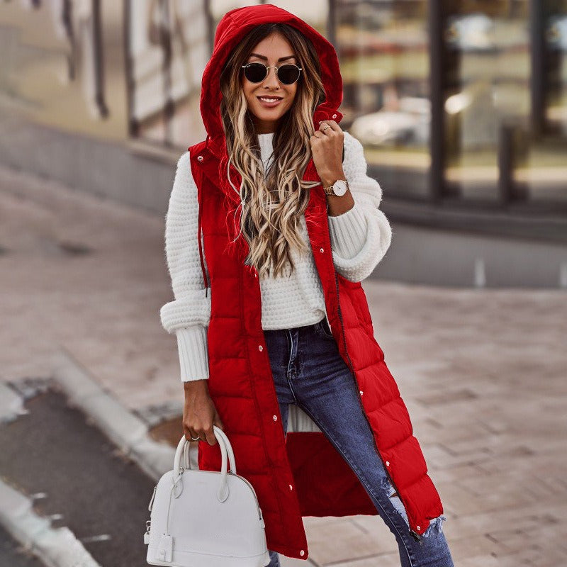 Women’s Hooded Sleeveless Puffer Vest Coat – Mid-Length Cotton-Filled Outerwear Jacket with Zipper, Casual Streetwear Layered Look, Trendy Winter Fashion by Mighty LifNunu Casual Solid Color Hooded Slim Fit Style Sleeveless Cardigan Mid length Cotton Coat