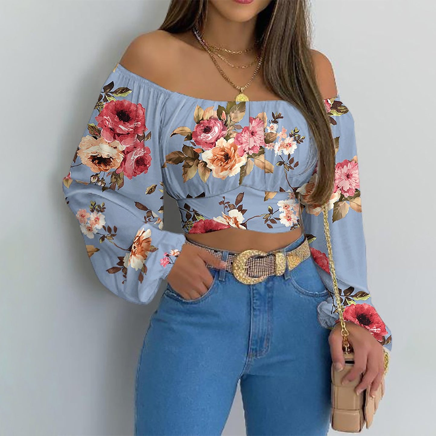 Hillary Heaux Top — Sexy Off-Shoulder Cross Tie Long Sleeve Top for Women | Hot Selling Vacation and Cruise Pullover Blouse | Lantern Sleeve Slim Fit | Europe, America & Caribbean Style