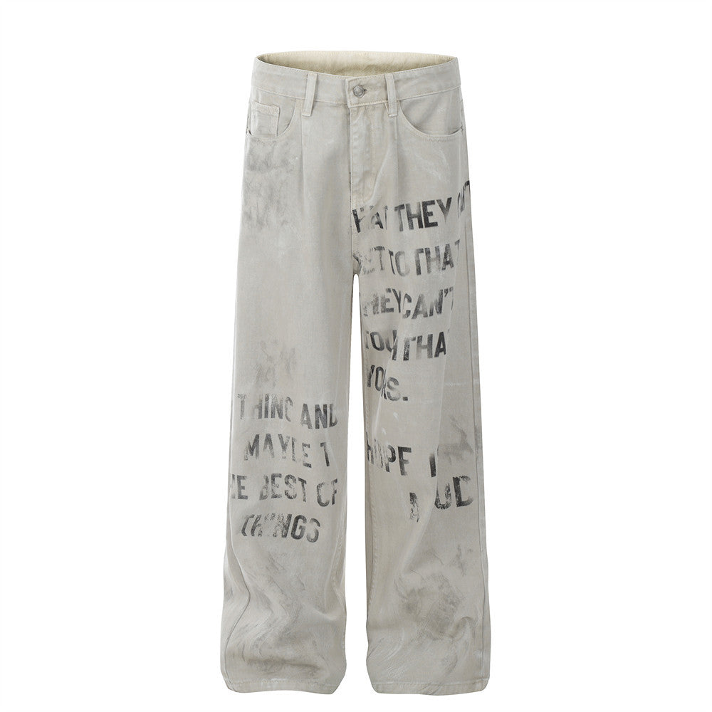 Stacked Slim Fit Jeans for Men – Viral TikTok Urban Streetwear Denim, Stretch Skinny Pants, Distressed Trendy Hip Hop Style Faded letter printed jeans