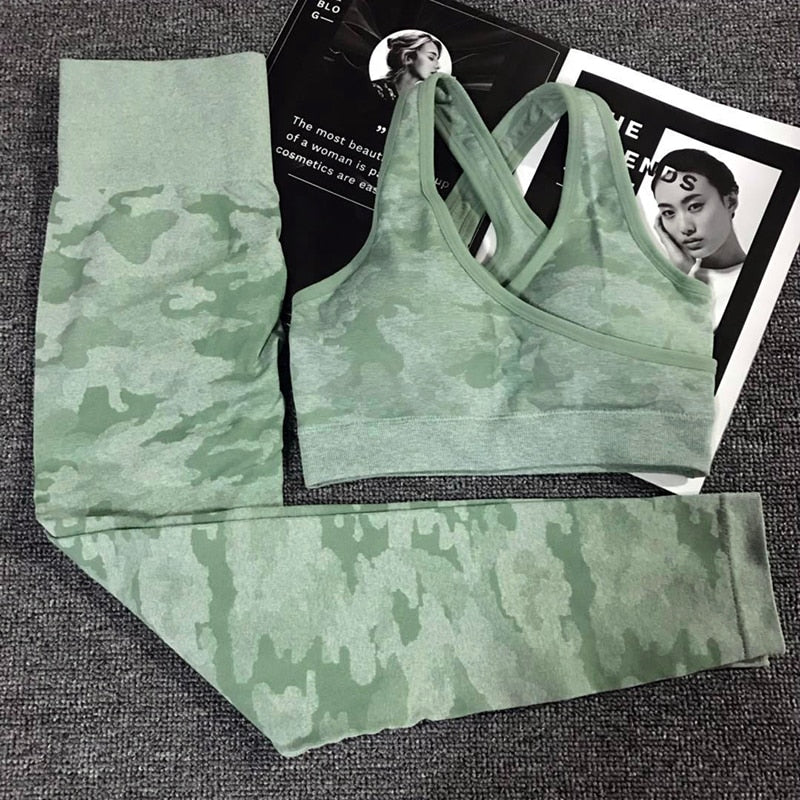 No Sweat III Gym Set 2PCS Camouflage Camo Yoga Set Sports Wear For Women Gym Fitness Clothing Booty Yoga Leggings + Sport Bra GYM Sport Suit Femme