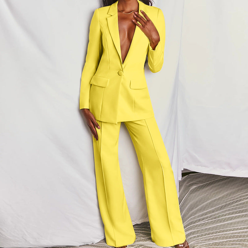 Jessamyn Suit | Solid Color Retro Long Sleeved Pants Suit Small Suit Temperament Commuter V-Neck Suit