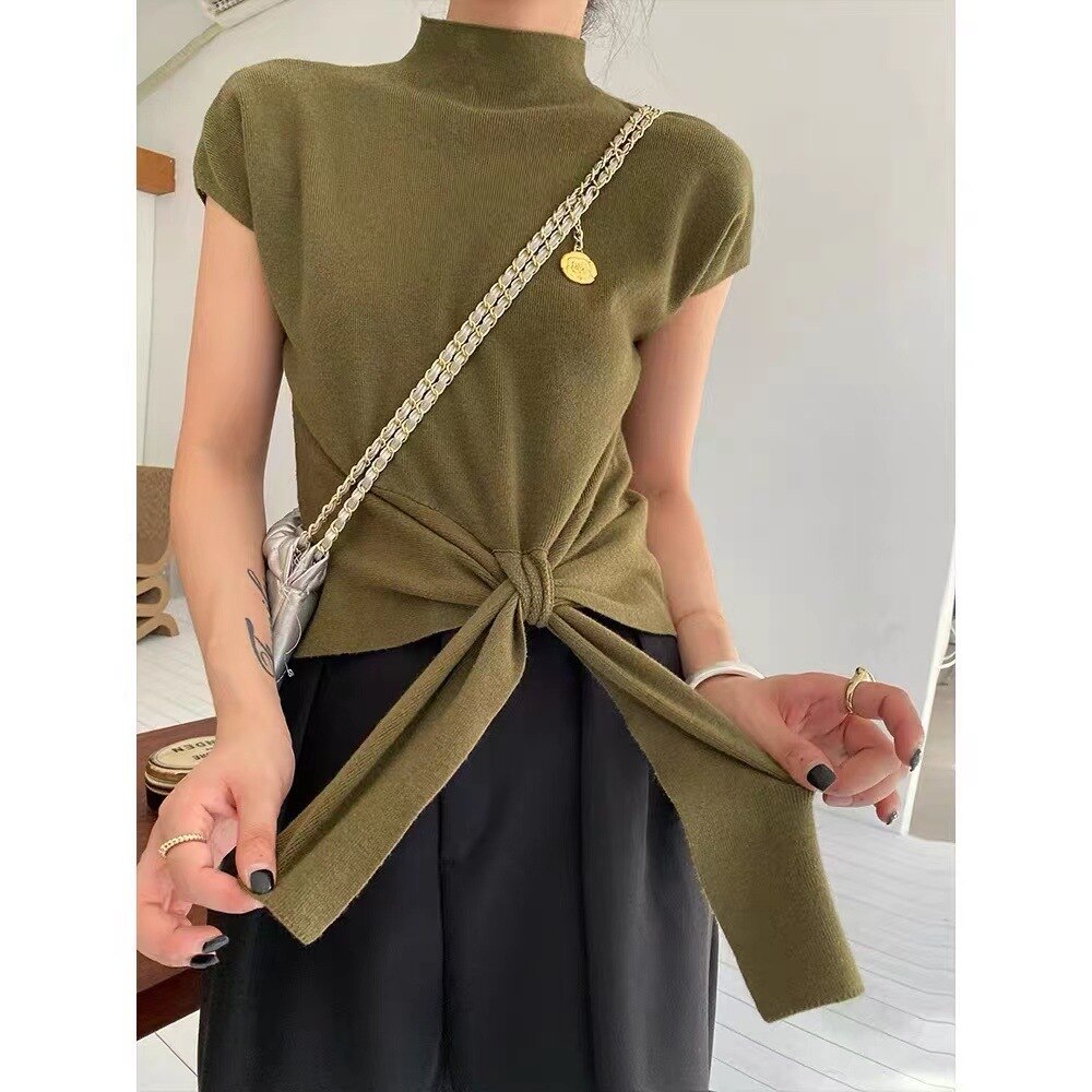 Neutrals Women T Shirt Stand Collar Sleeveless Knitted Tshirt Fashion Solid Bottoming Tee Shirt For Women Female Top Tshirts