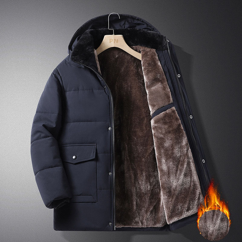 Curry Coat Men’s Winter Velvet-Lined Coat – Thick Warm Hooded Jacket with Cotton Filling, Windproof Mid-Lengmen's winter new style with added velvet and thickened warm cotton clothing, business and leisure mid length hooded plus size men's cotton clothing