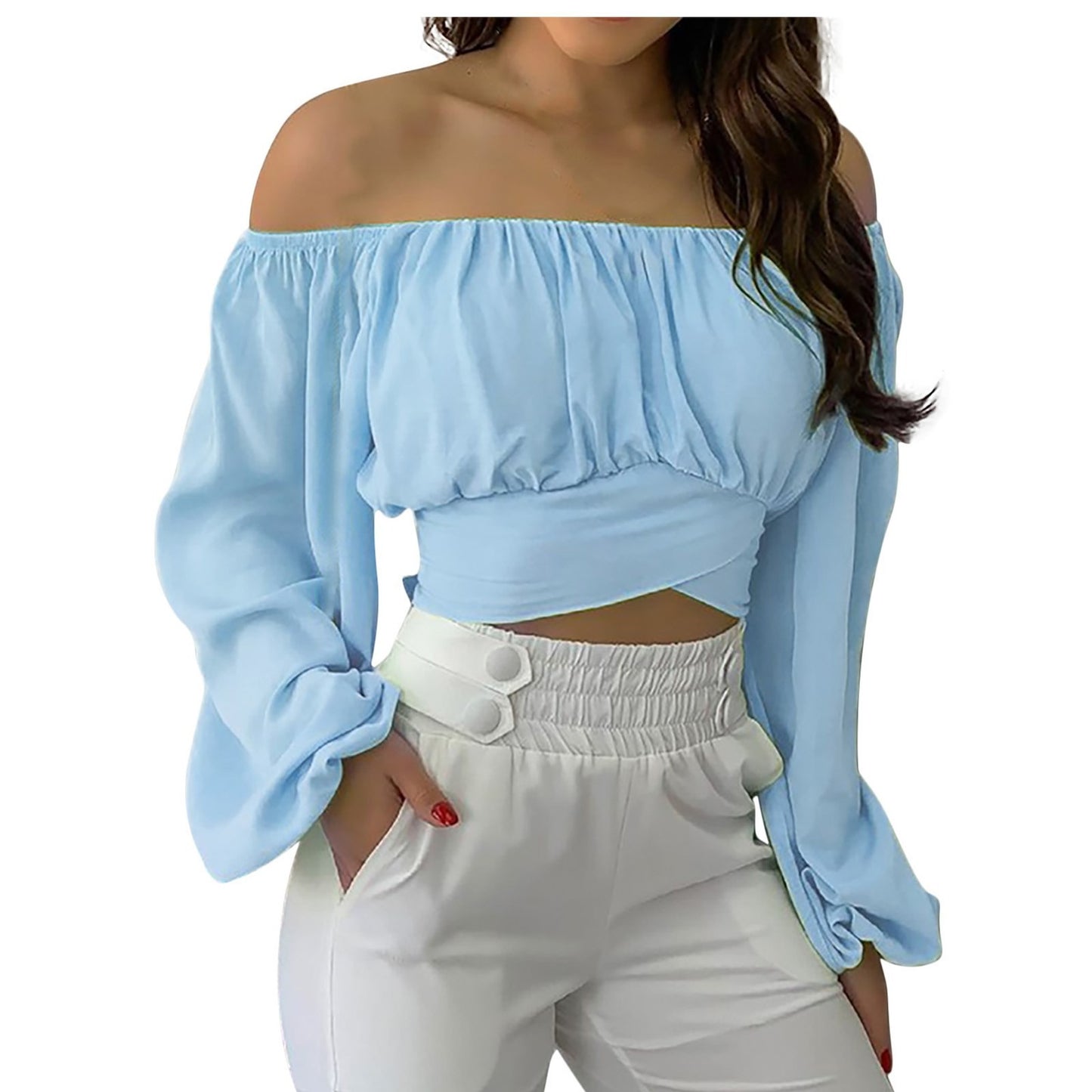 Hillary Heaux Top — Sexy Off-Shoulder Cross Tie Long Sleeve Top for Women | Hot Selling Vacation and Cruise Pullover Blouse | Lantern Sleeve Slim Fit | Europe, America & Caribbean Style
