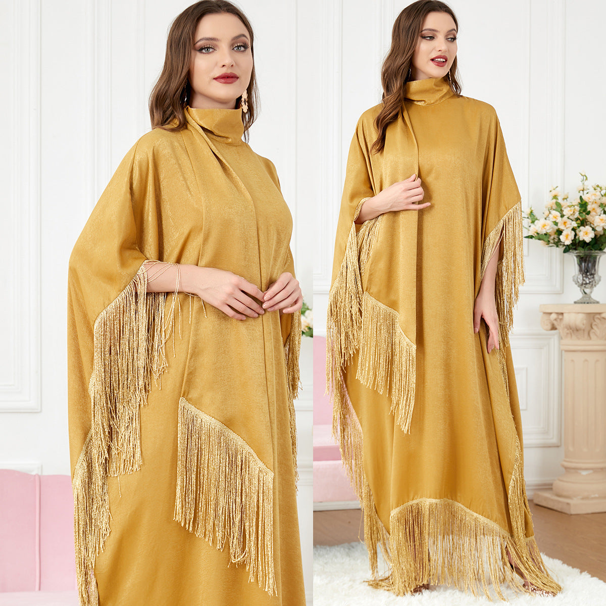 Luxury Tassel Batwing Sleeve Caftan Dress for Women – Oversized Turtleneck Moroccan Robe with Irregular Hem | TikTok Viral Moo Moo
Farasha Dress