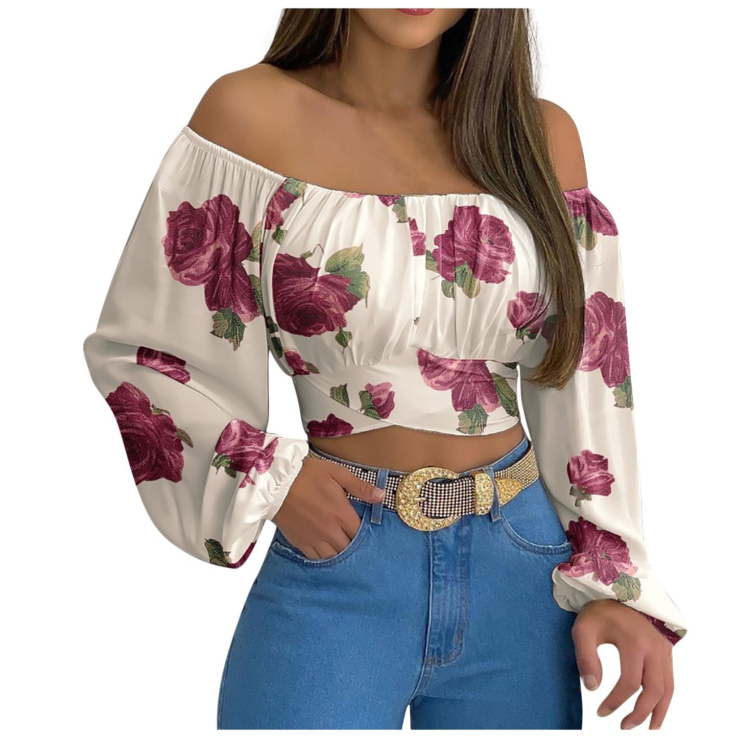 Hillary Heaux Top — Sexy Off-Shoulder Cross Tie Long Sleeve Top for Women | Hot Selling Vacation and Cruise Pullover Blouse | Lantern Sleeve Slim Fit | Europe, America & Caribbean Style