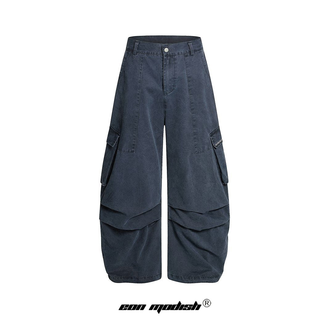Street Style Washed Tapered Cargo Pocket Denim Long Pants