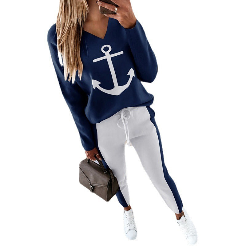Mighty Lifestyle Women’s Boat Anchor Print Pant Set | Fashionable Casual Sailor-Inspired Outfit