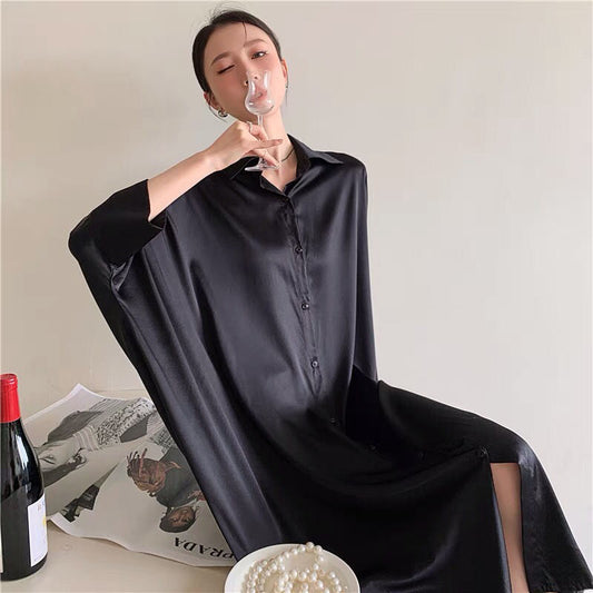 Spring New Black French High-End Niche Mid-Length Skirt Silk Shirt Loose Dress Women
