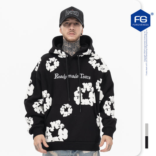TikTok Viral High Street Floral Hoodie – Oversized Cotton Pullover with Foaming Flower Print & Embroidered Lettering | Unisex Hoodie High Street Cotton Foaming Floral Flower Printed Letter Embroidered Casual Hoodie