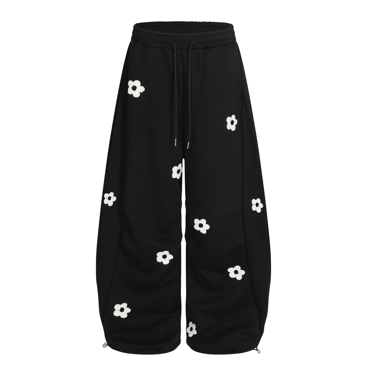 Viral Flower Embroidery Oversized Sweatpants for Men & Women – TikTok Streetwear Trend | Cozy Aesthetic Wide-Leg Joggers in Gray or Black
