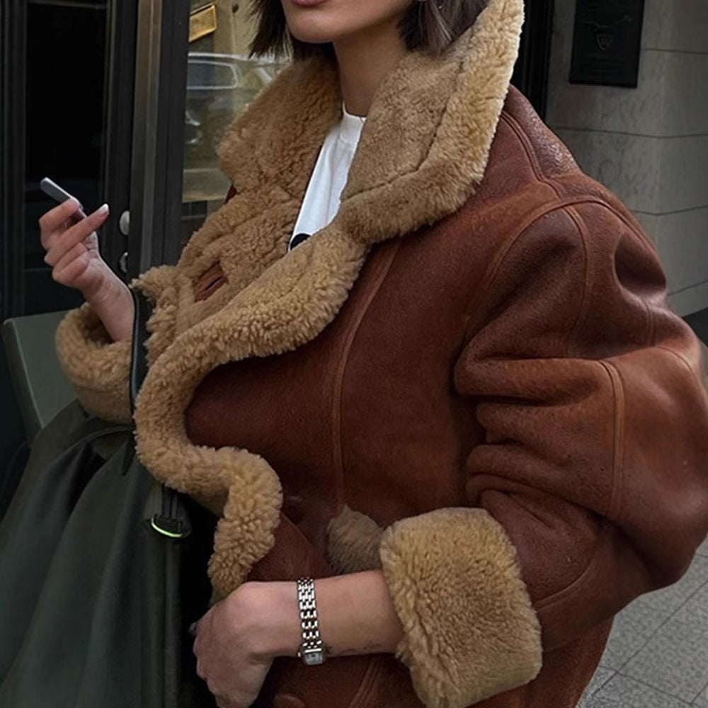 Women’s Shearling Fur Collar Jacket – Brown Faux Lamb Wool Coat for Fall & Winter, Loose Fit Button-Up Streetwear Outerwear | European and American collar long sleeved fur one-piece jacket, autumn and winter lamb wool loose and warm comfortable m jacket