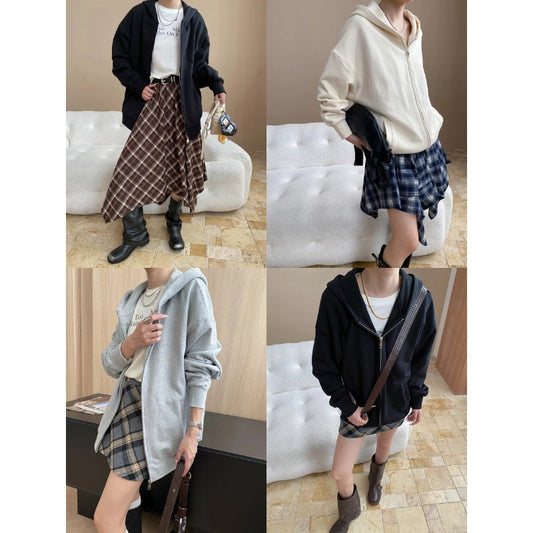 Neutral Minimalist Oversized Hooded Sweatshirt Jacket – Unisex Zipper Hoodie | Chic Commuter Solid Color Casual Streetwear in Black, Gray, Apricot