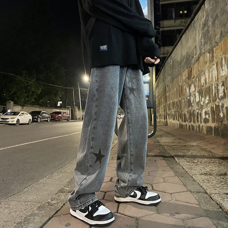 Star Smoke Gray Wide Leg Jeans – Trendy High Street Vibe Pants, Loose Straight-Leg Streetwear Denim, Autumn & Winter FaAmerican high street Vibe pants Instagram trendy star smoke gray jeans men's and teens, loose straight leg wide leg pants