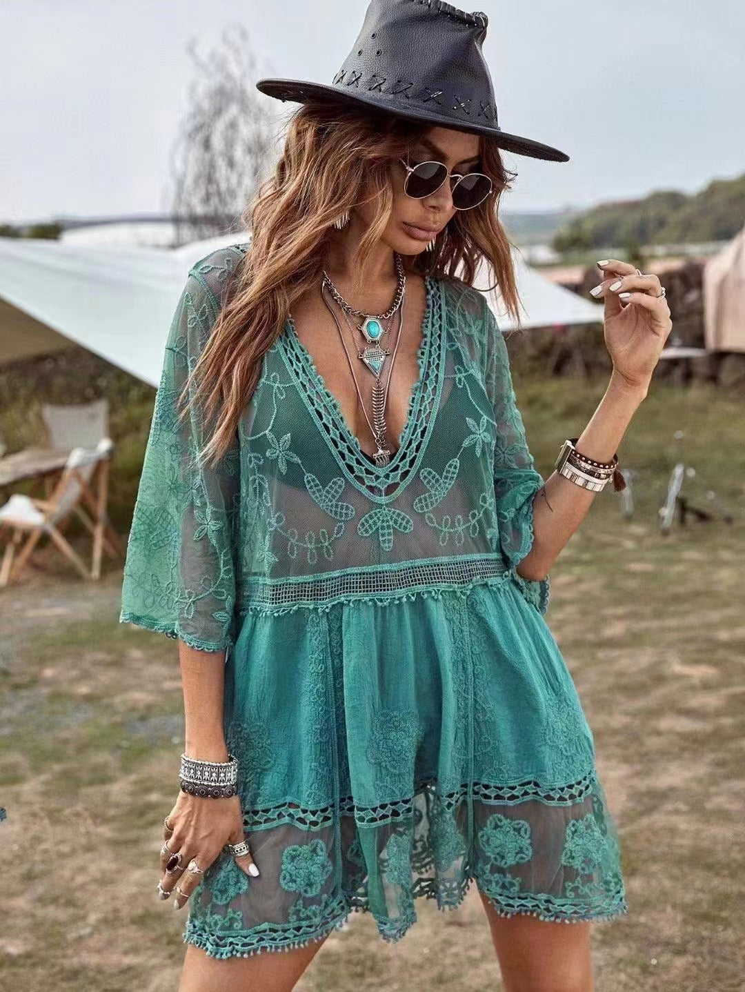 Mighty Lifestyle Beach Top With Lace Hook Flower Hollowed Out Sun Protection Bikini Swimsuit For Women's Outerwear