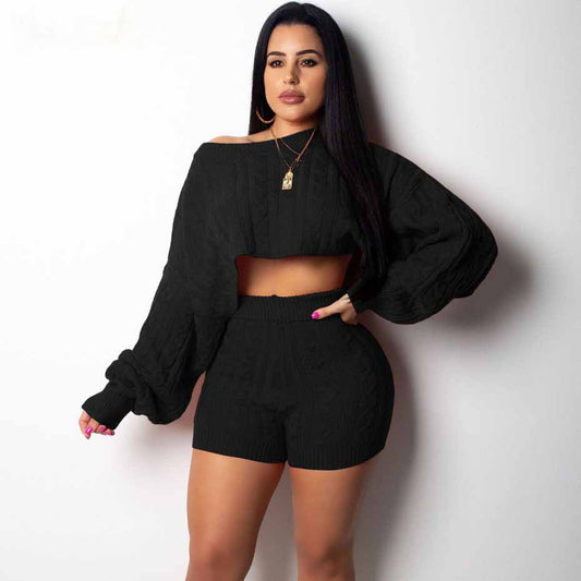 The Kerry | 2 Two Piece Set Women Clothes Autumn Winter Outfits Long Sleeve Knit Sweater Tops+Bodycon Shorts Suit Sexy Matching Sets
