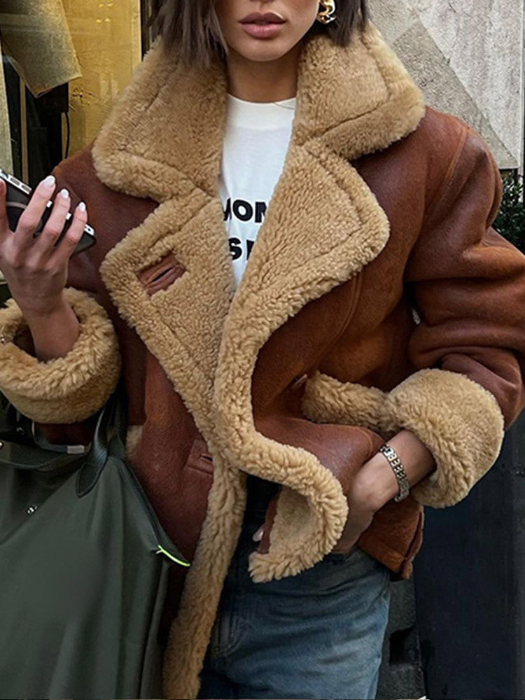 Women’s Shearling Fur Collar Jacket – Brown Faux Lamb Wool Coat for Fall & Winter, Loose Fit Button-Up Streetwear Outerwear | European and American collar long sleeved fur one-piece jacket, autumn and winter lamb wool loose and warm comfortable m jacket