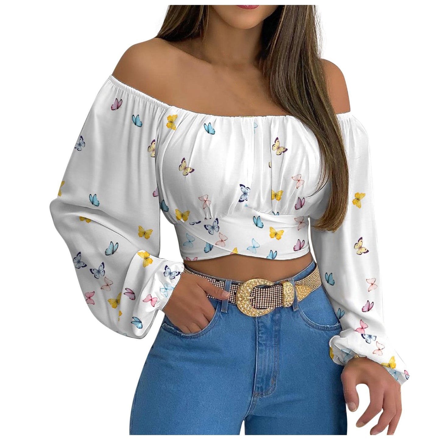 Hillary Heaux Top — Sexy Off-Shoulder Cross Tie Long Sleeve Top for Women | Hot Selling Vacation and Cruise Pullover Blouse | Lantern Sleeve Slim Fit | Europe, America & Caribbean Style