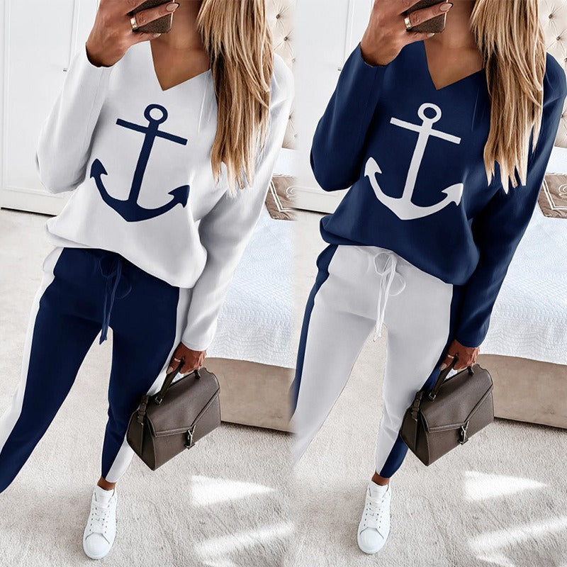Mighty Lifestyle Women’s Boat Anchor Print Pant Set | Fashionable Casual Sailor-Inspired Outfit