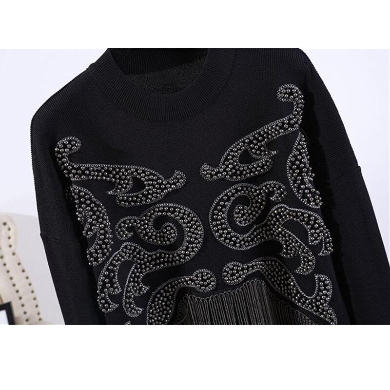 ML Knitting Outfits Women Handwork Beading Chain Tassel Sweater Long Pants Two Piece Set Female Loose Casual Black Knitted Suit 2pc